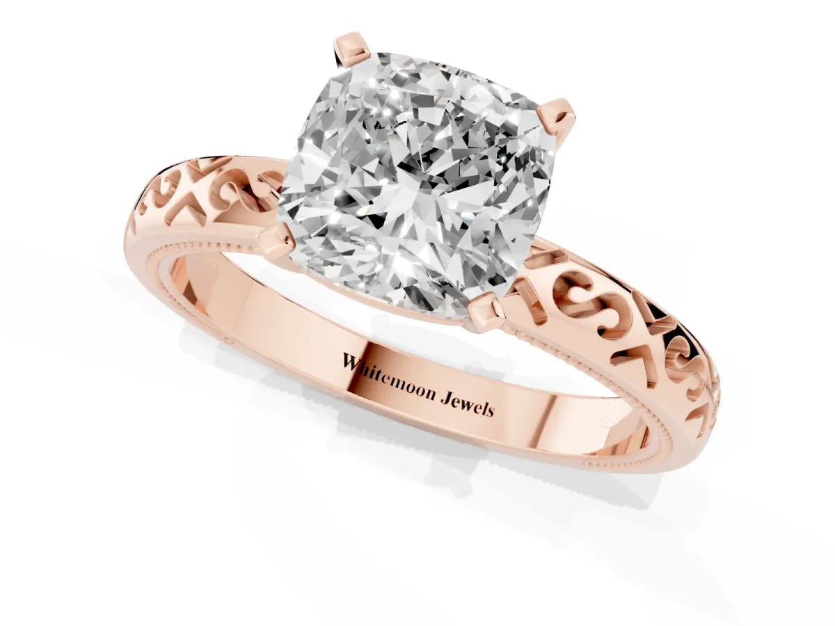 Cushion Cut Solitaire Engagement Ring with Scrollwork Band and Four-Prong Setting Rose gold