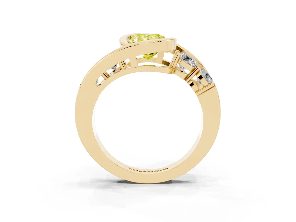 Fancy Yellow Bezel Set Oval Cut Diamond Bypass Ring with Round Accents Yellow gold