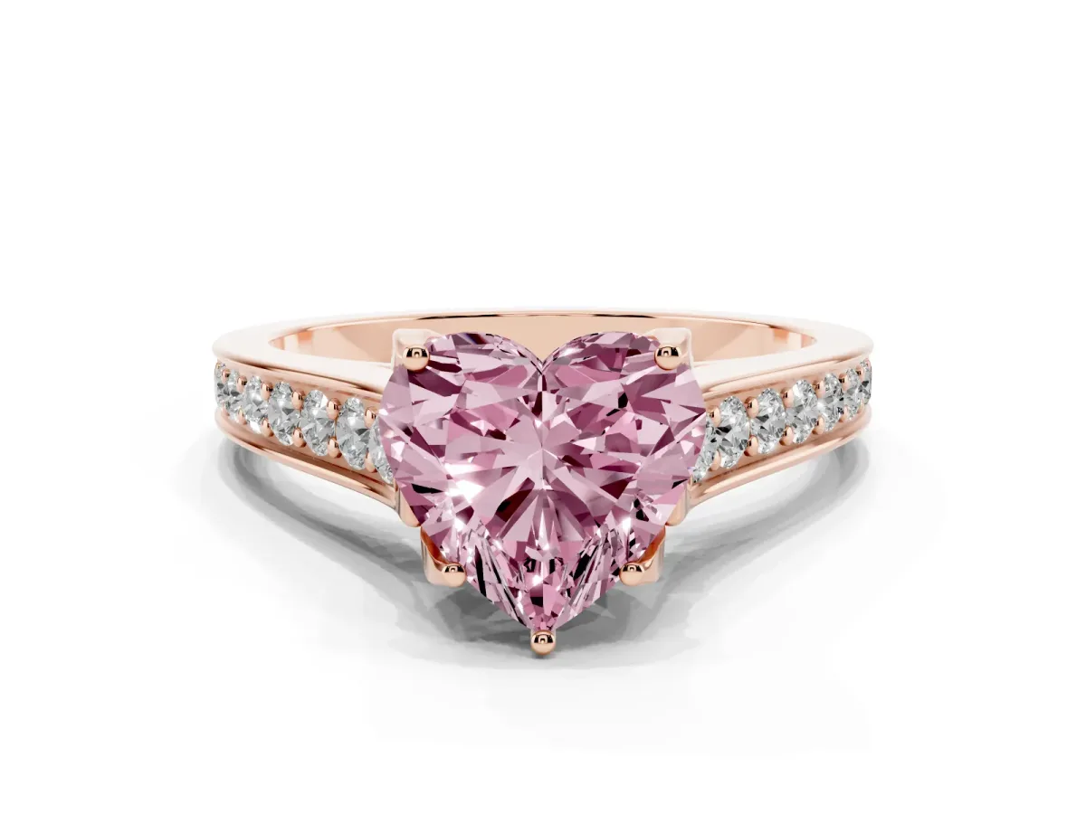 Fancy Pink Heart Cut Brilliant Cut Diamond Engagement Ring with Pavé Band and Four-Prong Setting Rose gold