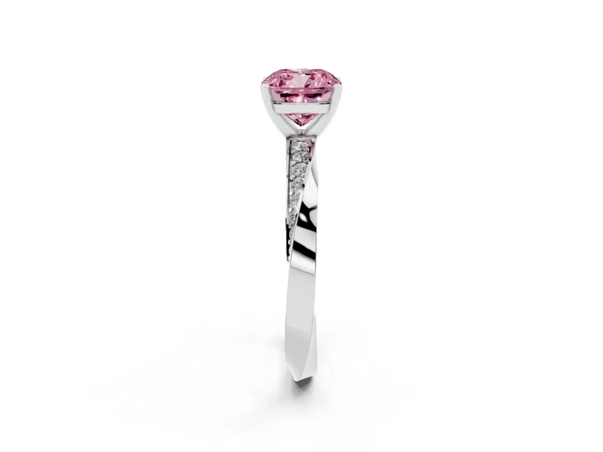 Fancy Pink Cushion Cut Diamond Engagement Ring with Side Stone Accents and Four-Prong Setting Platinum