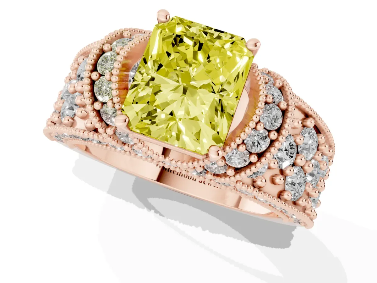 Fancy Yellow Radiant Cut Halo Pave Diamond Engagement Ring with Milgrain Detailing Rose gold