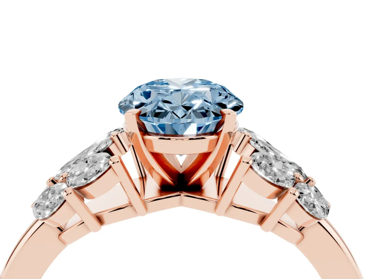 Fancy Blue Oval Cut Diamond Cluster Leaf Design Ring with Prong Setting Rose gold