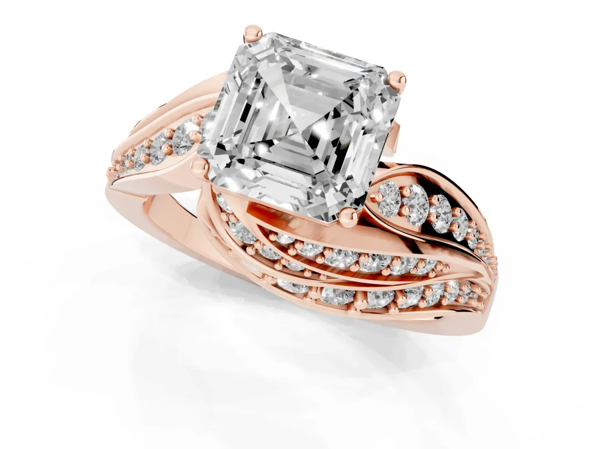 Asscher Cut Diamond Solitaire Ring with Prong Setting and Twisted Pavé Band Rose gold