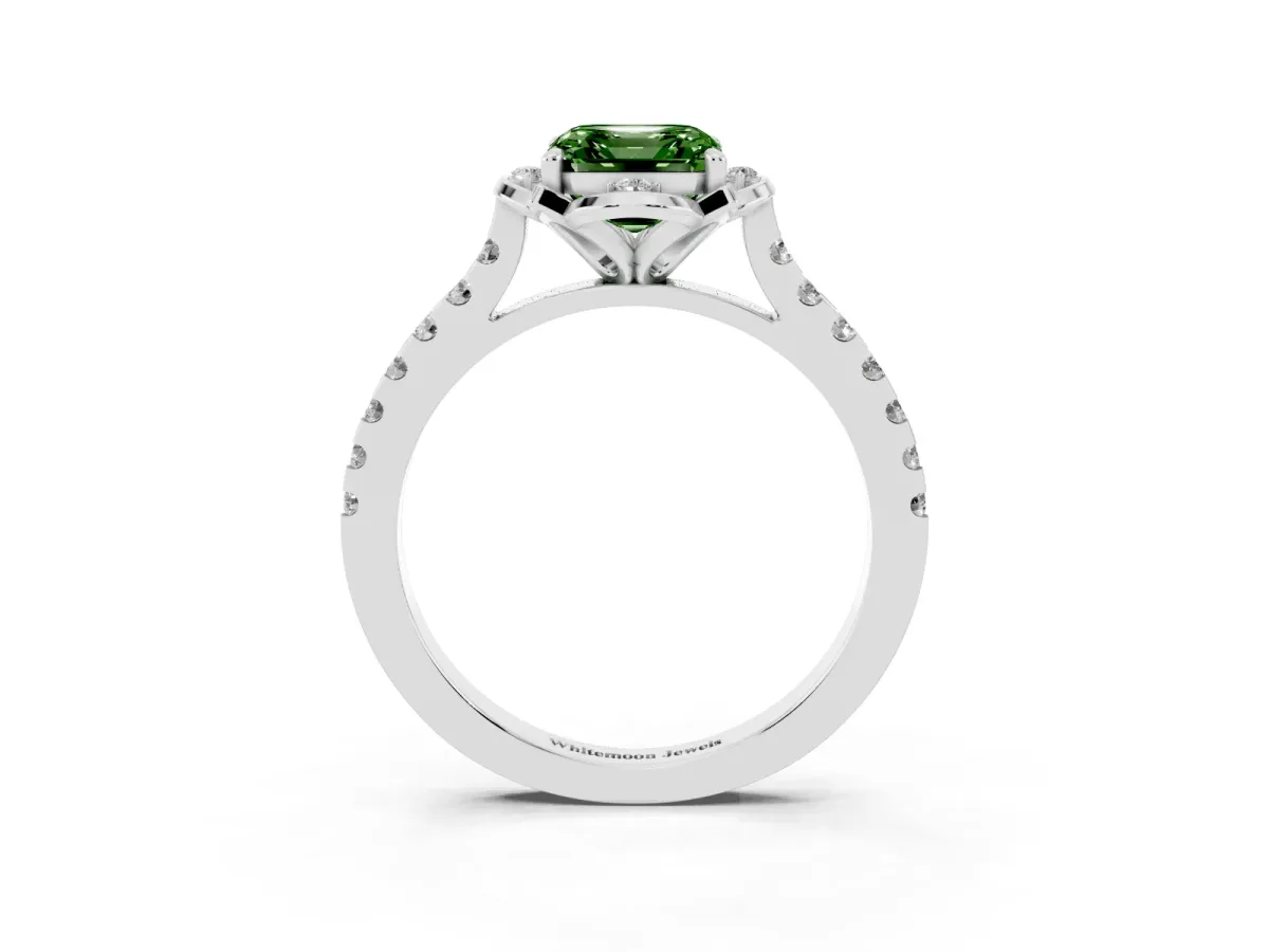 Fancy Green Asscher Cut Diamond Ring with Pavé Band and Floral Prong Setting White gold