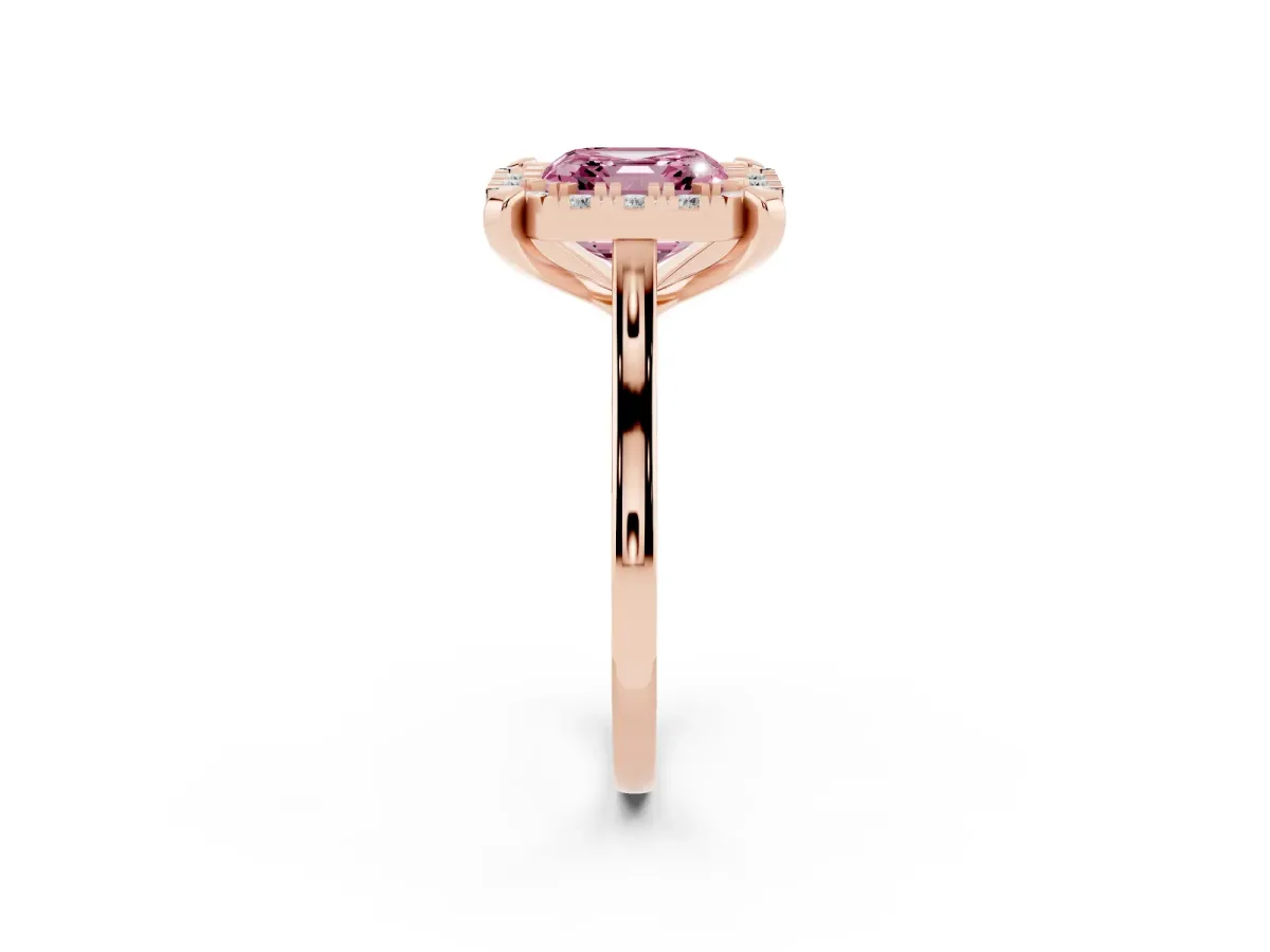Fancy Pink Asscher Cut Diamond Cluster Halo Solitaire with Four-Prong Setting Rose gold