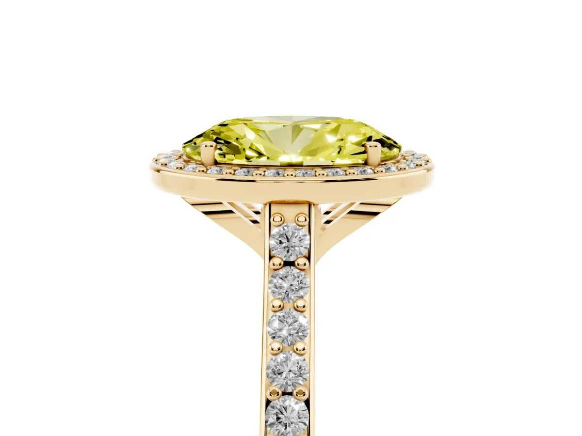 Fancy Yellow Oval Cut Diamond Halo Engagement Ring with Round Pavé Shoulders and Prong Setting Yellow gold