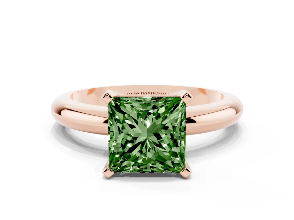 Fancy Green Princess Cut Diamond Solitaire Engagement Ring with Round Band and Four-Prong Setting Rose gold