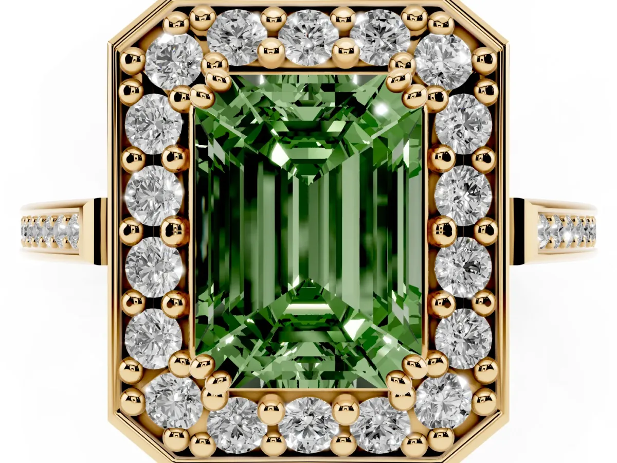 Fancy Green Emerald Cut Diamond Halo Ring with Split Shank and Four-Prong Setting Yellow gold