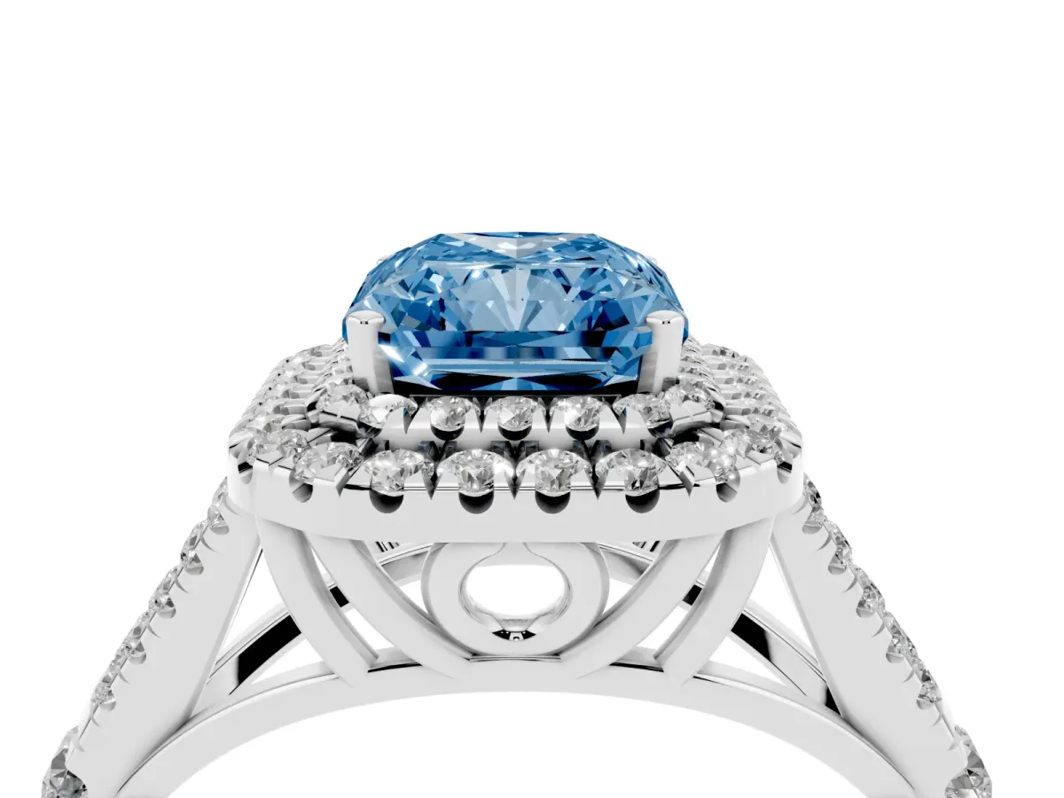 Fancy Blue Radiant Cut Diamond Double Halo Ring with Split Shank and Prong Setting Platinum