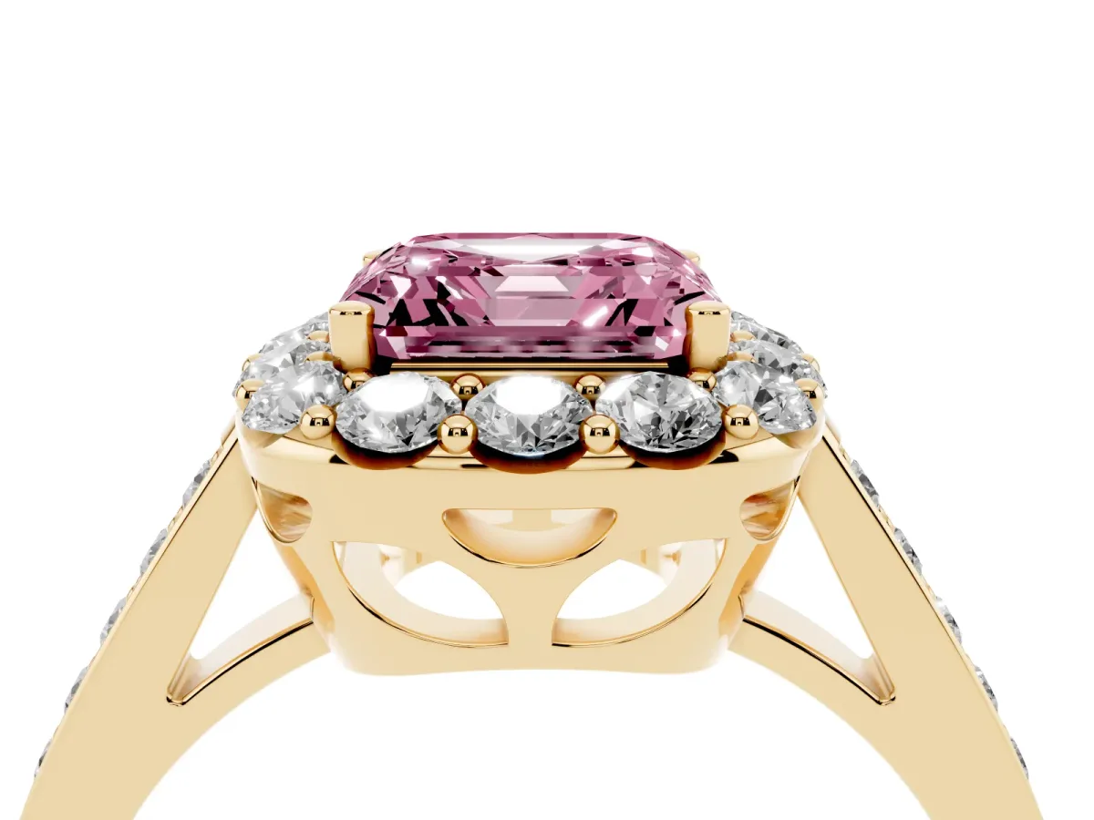 Fancy Pink Asscher Cut Diamond Floral Halo Ring with Pavé Band and Prong Setting Yellow gold