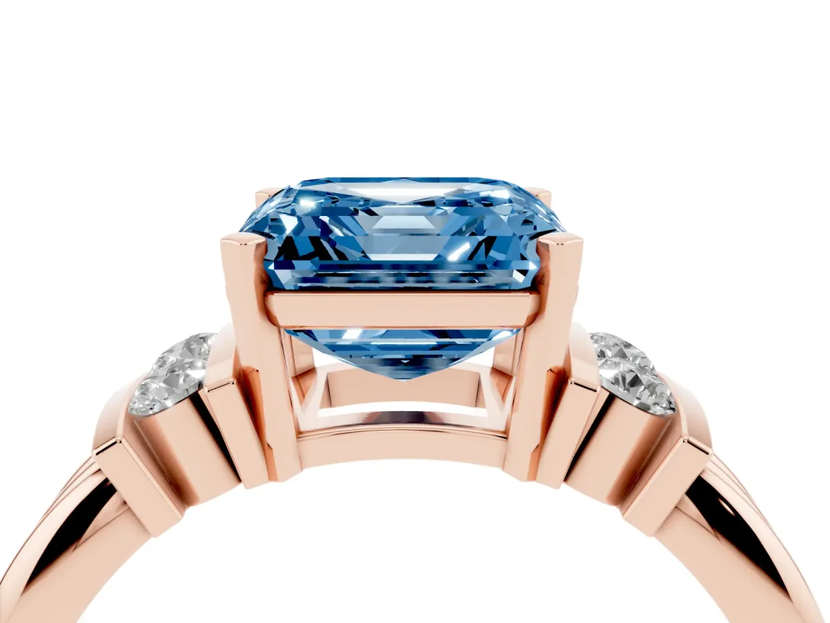 Fancy Blue Asscher Cut Cut Three-Stone Channel Set Ring with Bar Prongs Rose gold