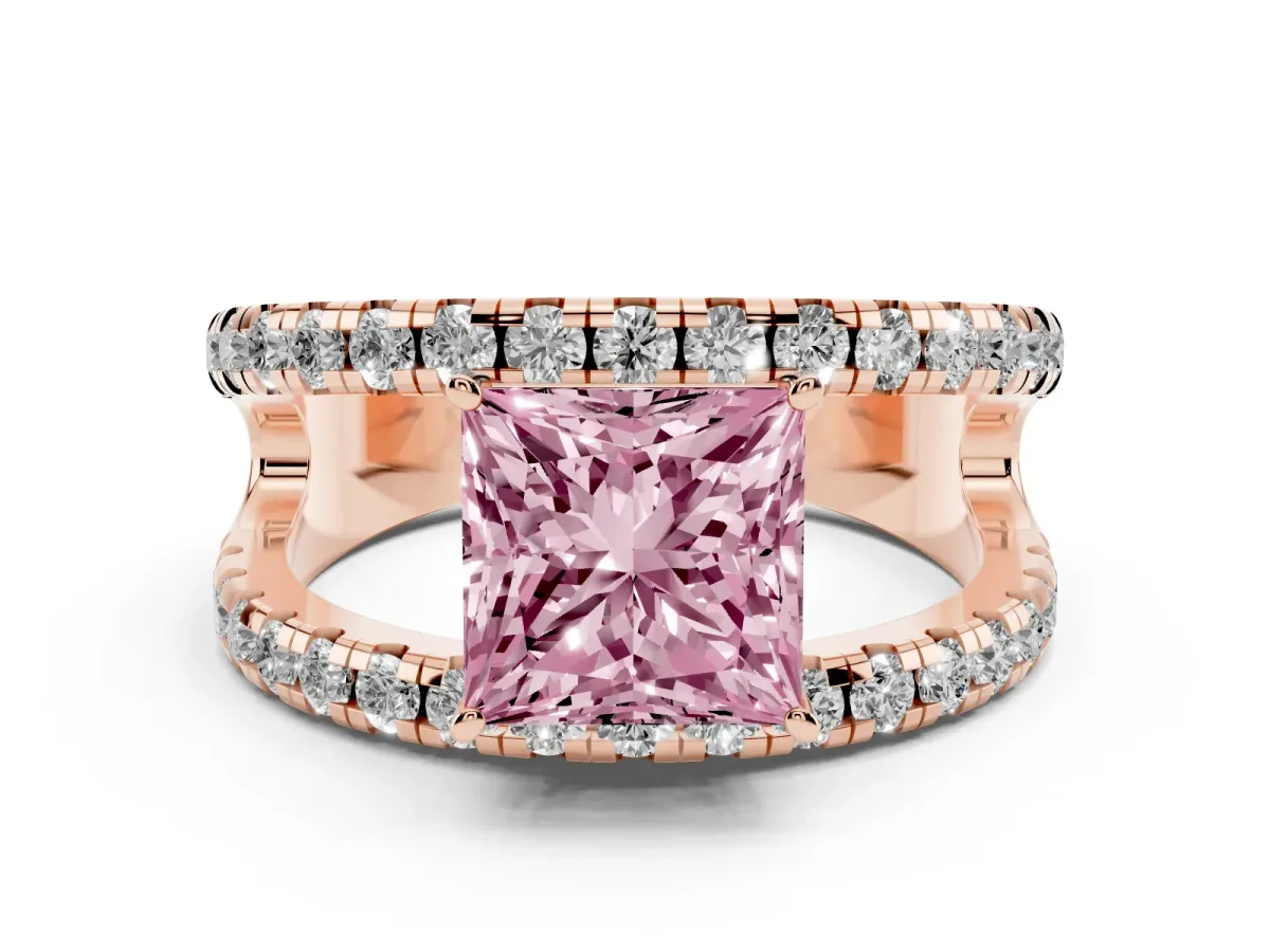 Fancy Pink Princess Cut Solitaire Split Shank Pave Diamond Ring Rose gold