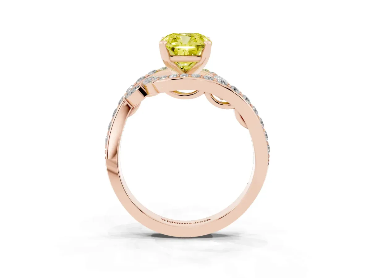 Fancy Yellow Cushion Cut Diamond Solitaire Ring with Filigree Band and Four-Prong Setting Rose gold