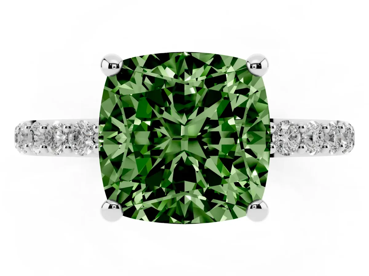 Fancy Green Cushion Cut Diamond Solitaire Ring with Round Pavé Band and Prong Setting Silver