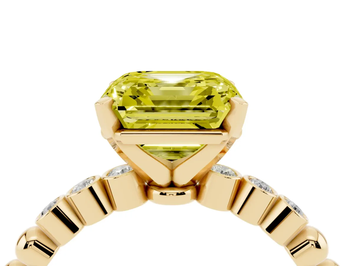 Fancy Yellow Asscher Cut Solitaire Bezel Accent Diamond Engagement Ring with Beaded Band and Four-Prong Setting Yellow gold