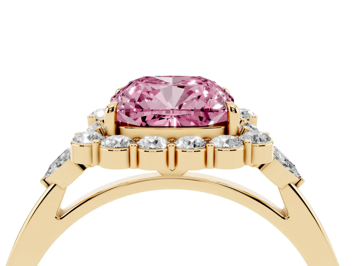 Fancy Pink Cushion Cut Diamond Halo Ring with Pear Side Stones and Prong Setting Yellow gold