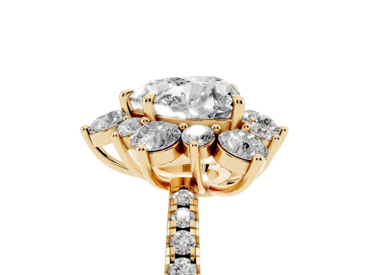 Heart Cut Diamond Floral Halo Ring with Round Pavé Band and Prong Setting Yellow gold