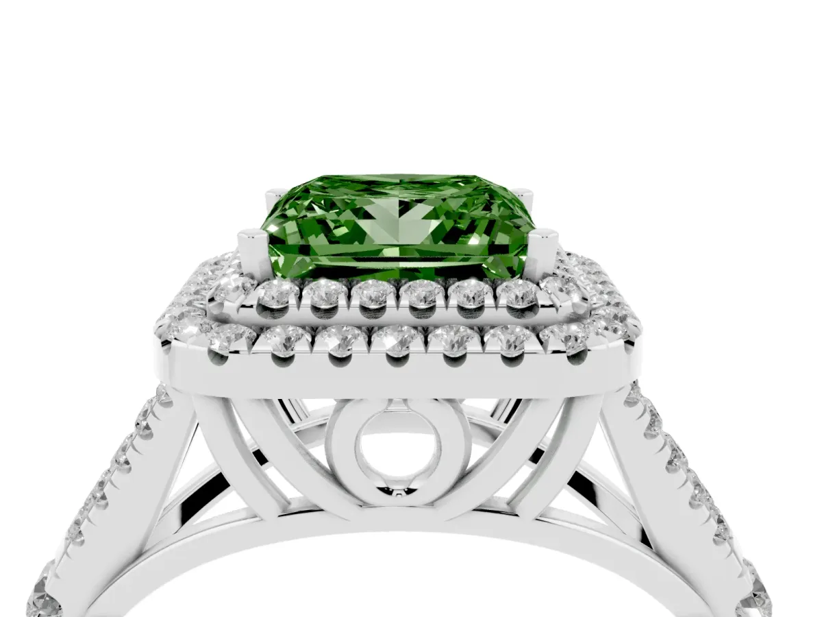 Fancy Green Princess Cut Cut Double Halo Split Shank Diamond Ring with Prong Setting Platinum