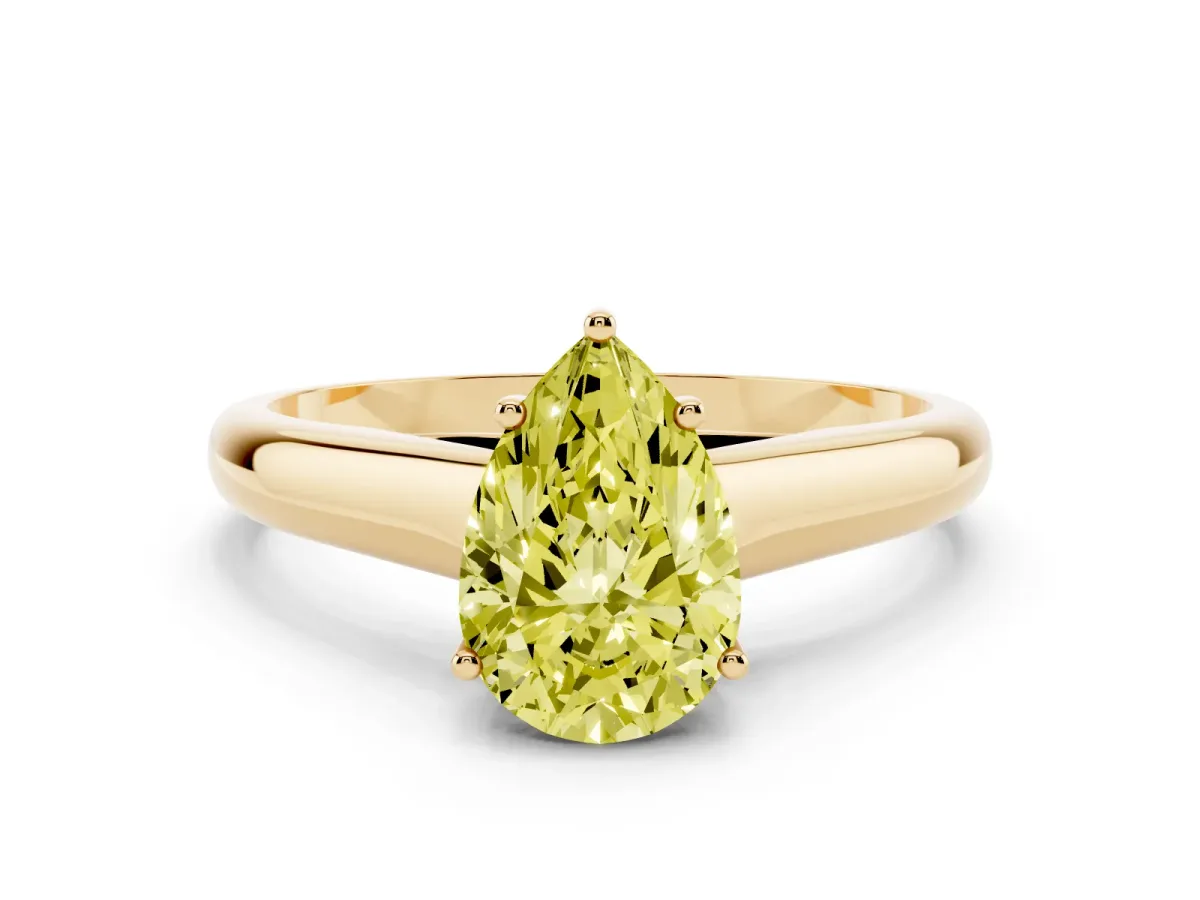 Fancy Yellow Pear Cut Solitaire Engagement Ring with Tapered Band and Four-Prong Setting Yellow gold