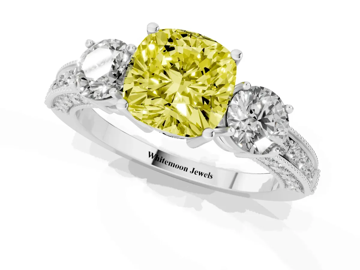 Fancy Yellow Cushion Cut Three-Stone Diamond Ring with Pavé Band and Four-Prong Setting Silver