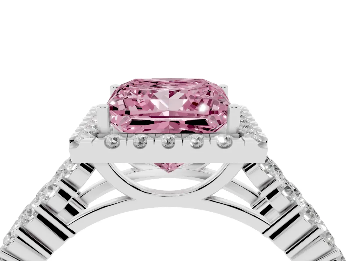 Fancy Pink Princess Cut Diamond Halo Engagement Ring with Triple Row Round Pavé Band and Prong Setting Silver