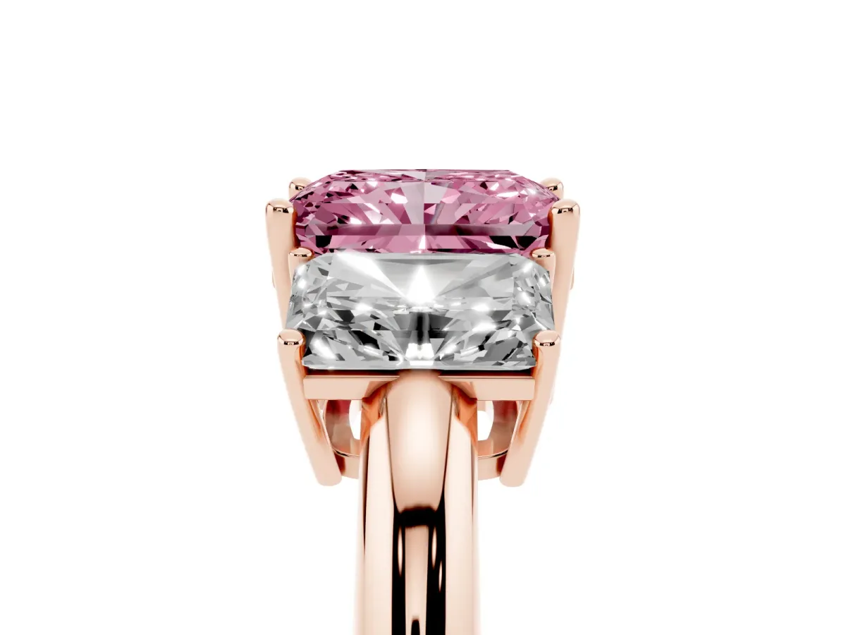 Fancy Pink Three-Stone Radiant Cut Cut Diamond Engagement Ring with Prong Setting on a White Gold Band Rose gold