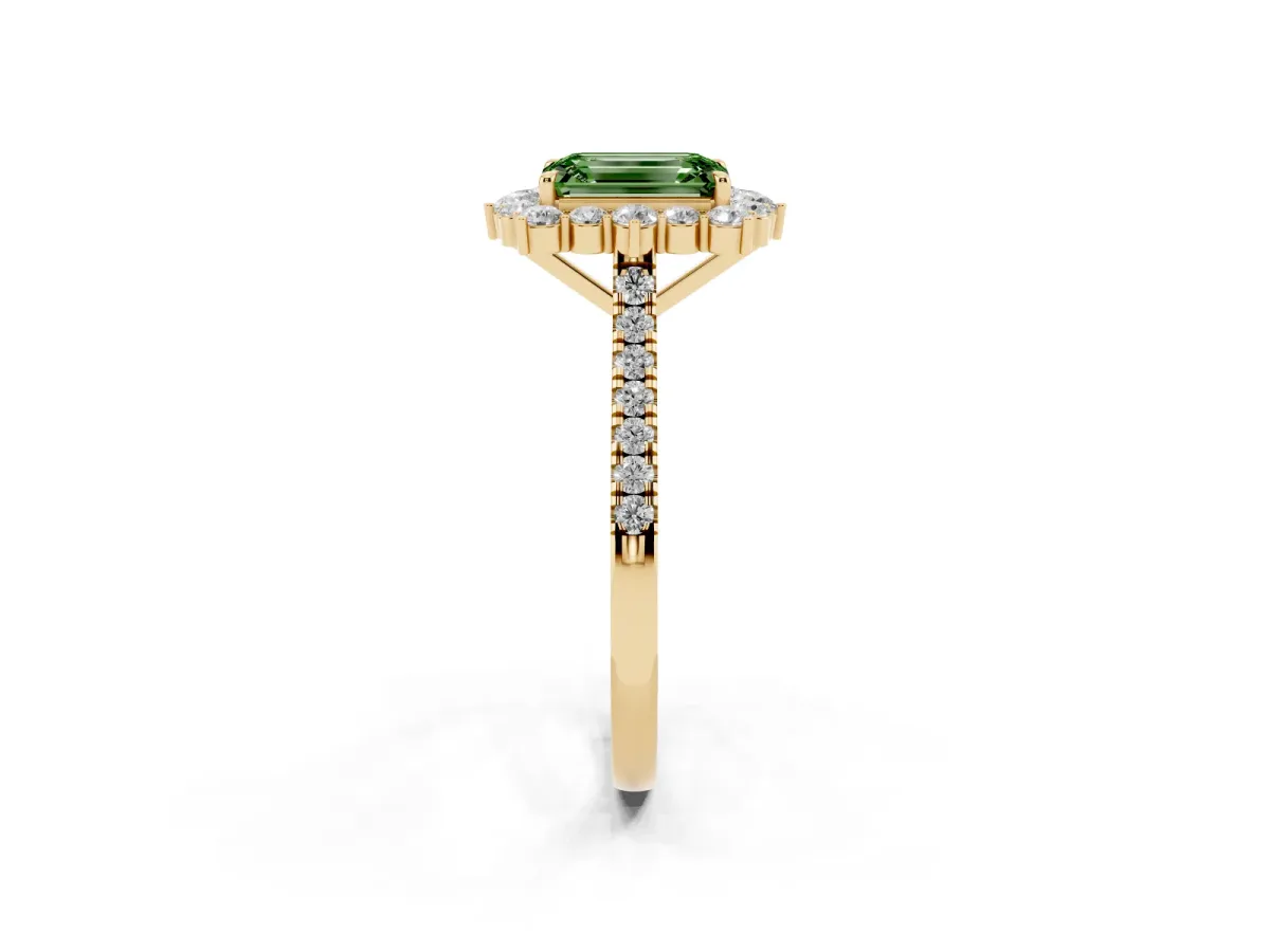 Fancy Green Emerald Cut Halo Diamond Ring with Pavé Band and Prong Setting Yellow gold