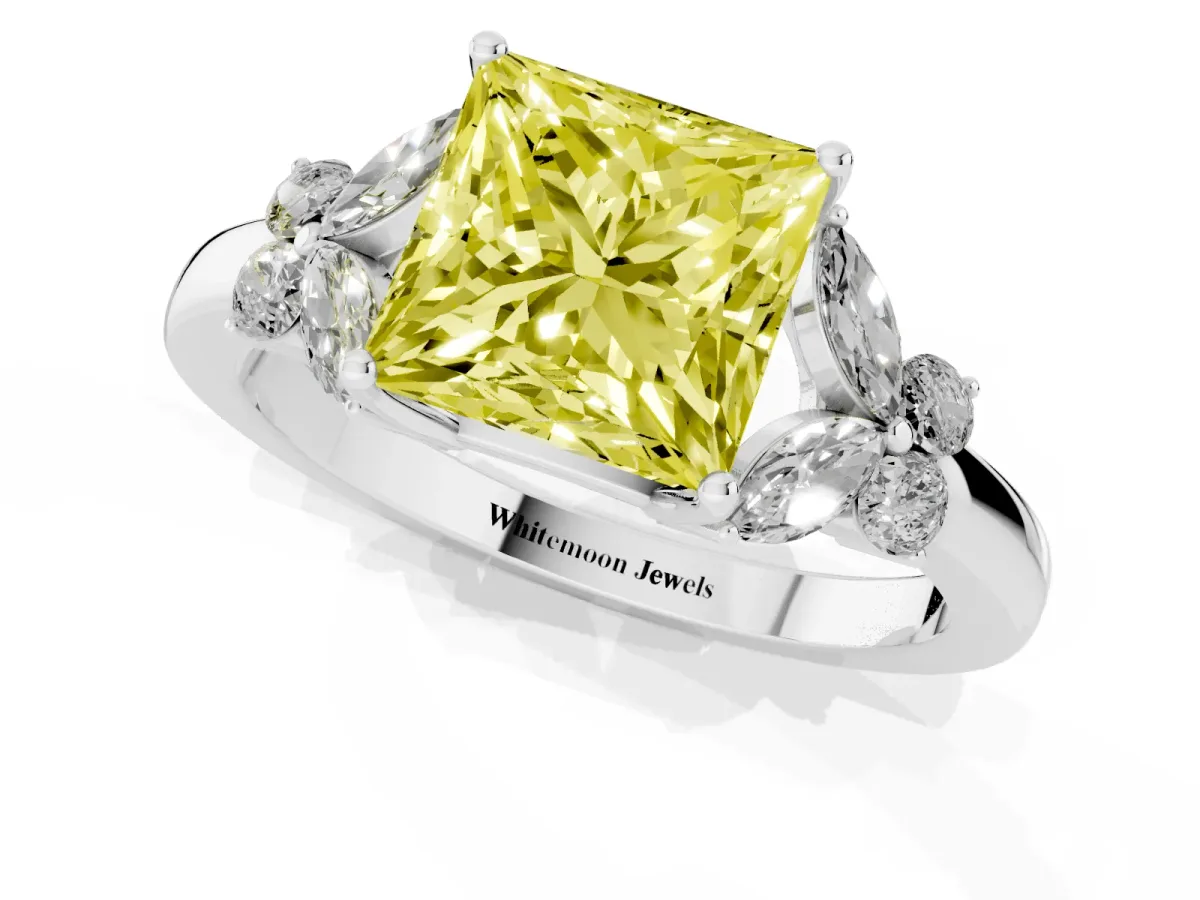 Fancy Yellow Princess Cut Cut Solitaire Floral Diamond Ring with Four-Prong Setting Silver