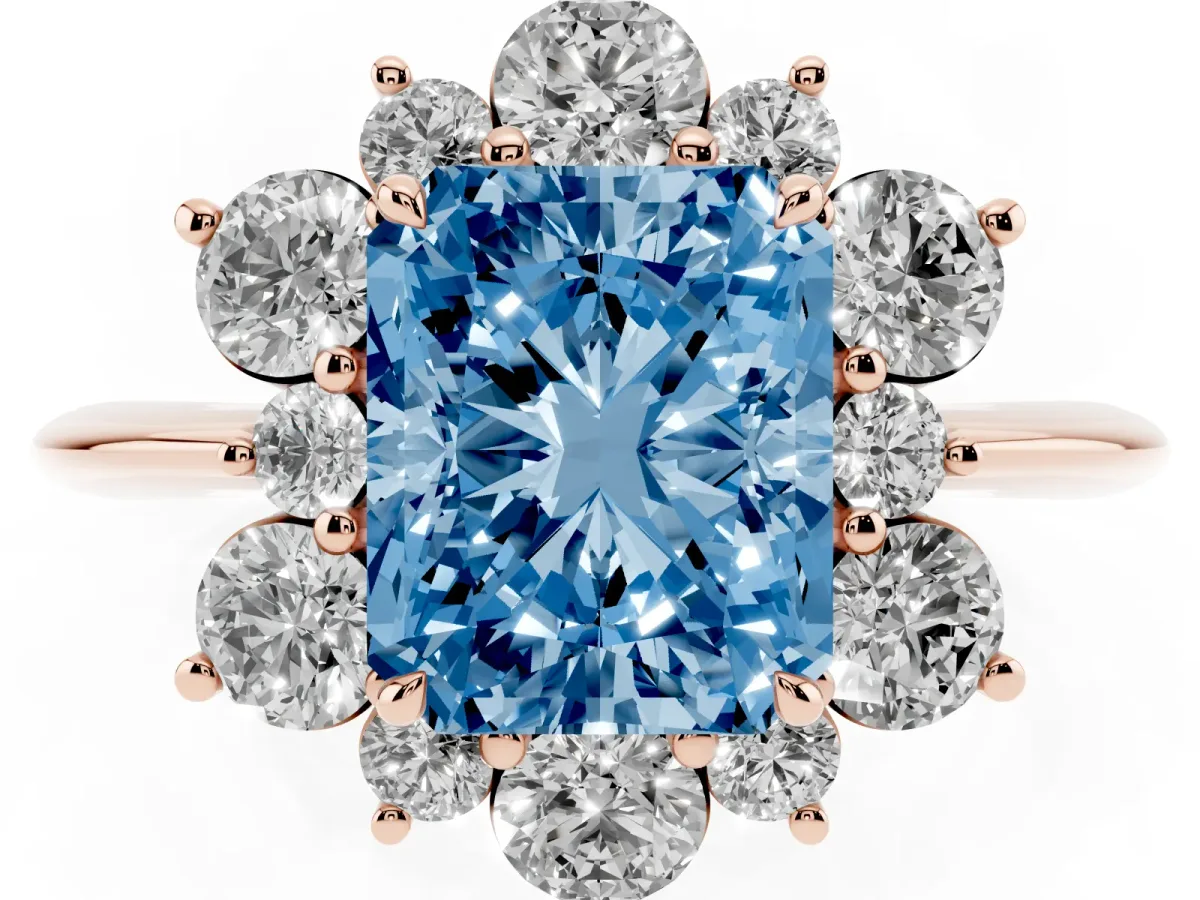 Fancy Blue Radiant Cut Diamond Cluster Halo Ring with Solitaire Band and Four-Prong Setting Rose gold