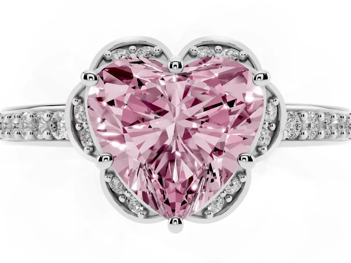 Fancy Pink Heart Cut Cut Halo Diamond Ring with Channel Set Band and Four-Prong Setting Silver