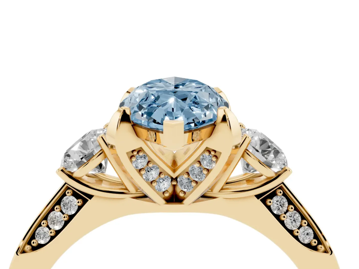 Fancy Blue Marquise Cut Brilliant Three-Stone Diamond Ring with Pavé Band and Four-Prong Setting Yellow gold