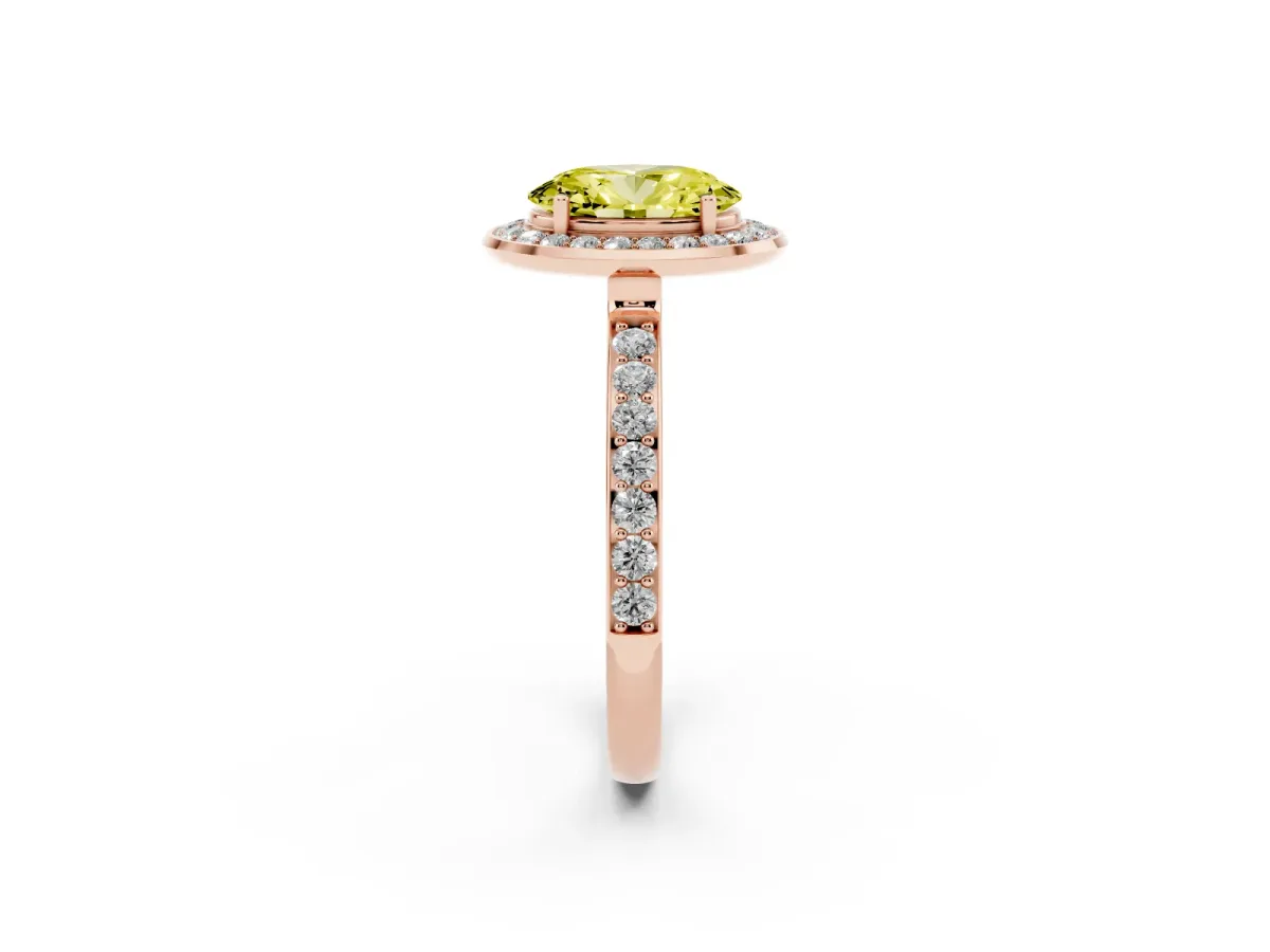 Fancy Yellow Oval Cut Diamond Halo Ring with Bezel Frame and Pavé Band Rose gold