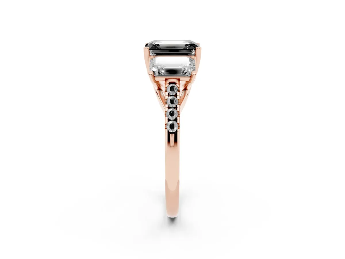 Fancy Black Three-Stone Emerald Cut Diamond Ring with Round Pavé Band and Prong Setting Rose gold