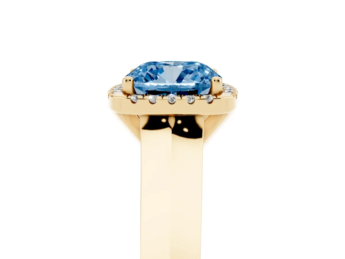 Fancy Blue Cushion Cut Halo Diamond Ring with Cathedral Band and Four-Prong Setting Yellow gold