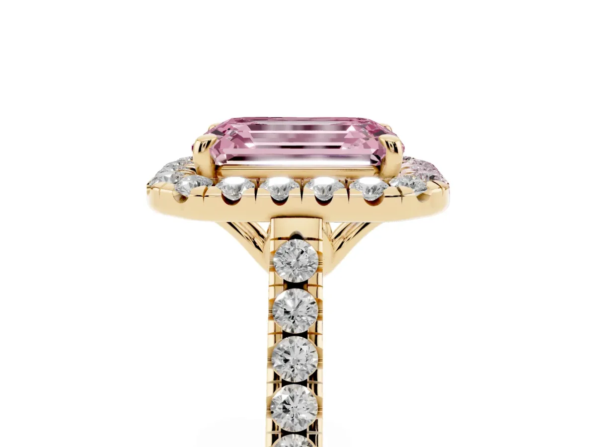Fancy Pink Emerald Cut Halo Pavé Diamond Engagement Ring with Four-Prong Setting Yellow gold