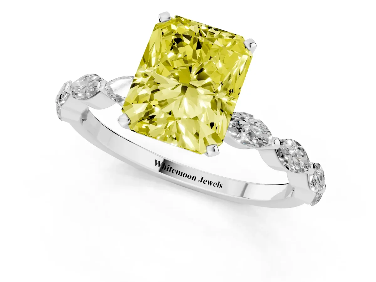 Fancy Yellow Radiant Cut Diamond Ring with Marquise Side Stones and Prong Setting Platinum