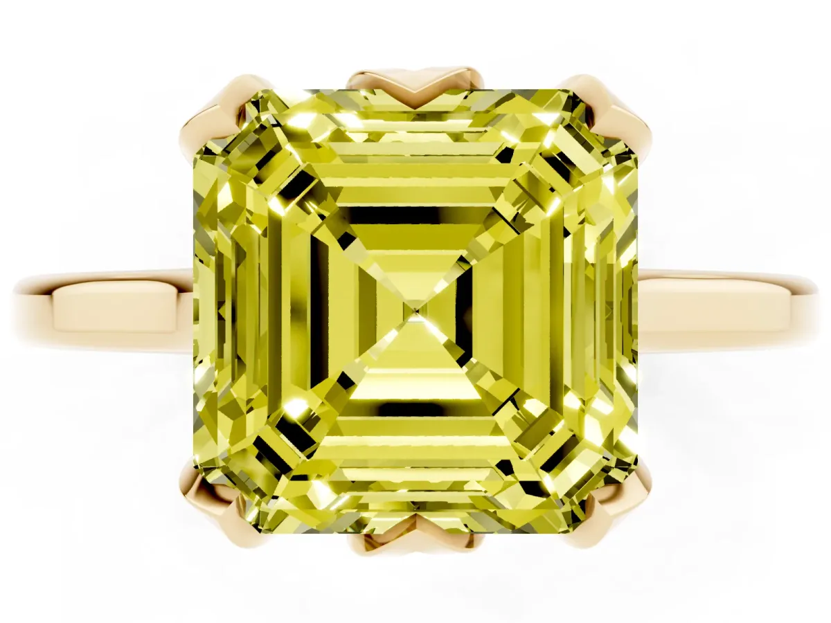 Fancy Yellow Asscher Cut Diamond Solitaire Ring with Flower Prong Setting and Classic Band Yellow gold