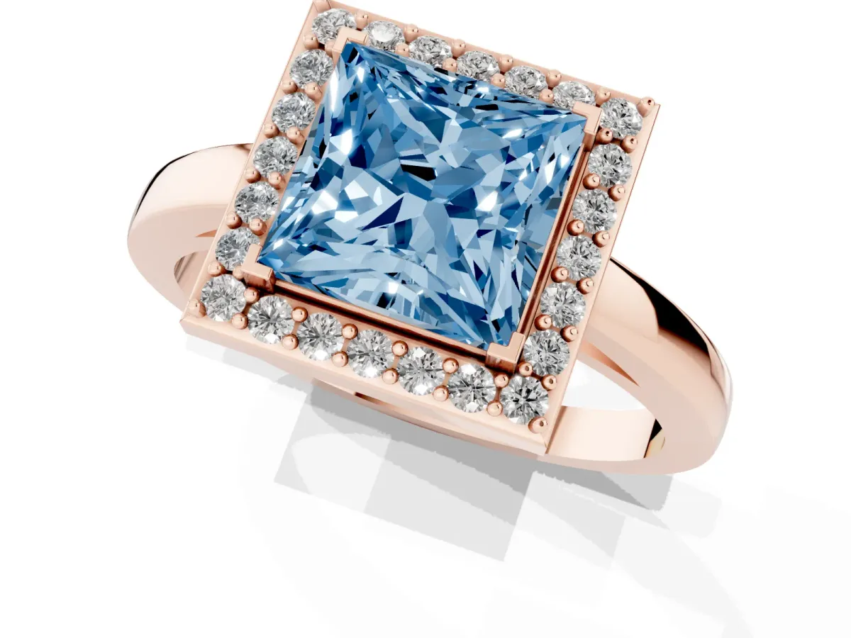 Fancy Blue Princess Cut Halo Diamond Ring with Solitaire Band and Prong Setting Rose gold