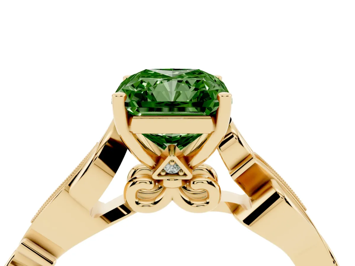 Fancy Green Radiant Cut Solitaire Vine Band with Milgrain Prong Setting Yellow gold