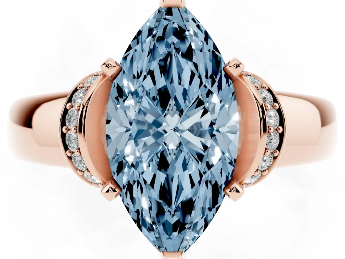 Fancy Blue Marquise Cut Solitaire Diamond Ring with Pave Band and Six-Prong Setting Rose gold