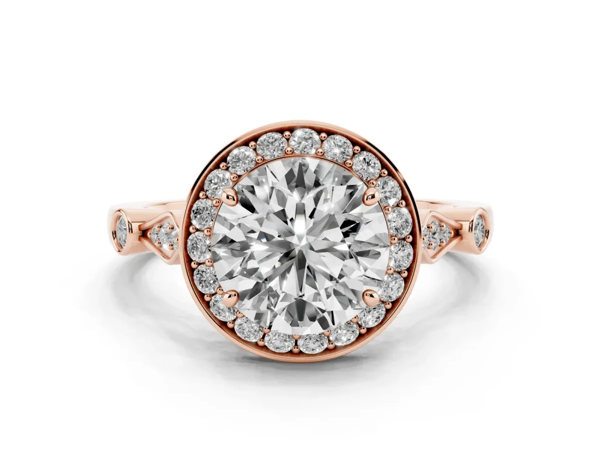 Round Cut Halo Diamond Engagement Ring with Twisted Band and Four-Prong Setting Rose gold