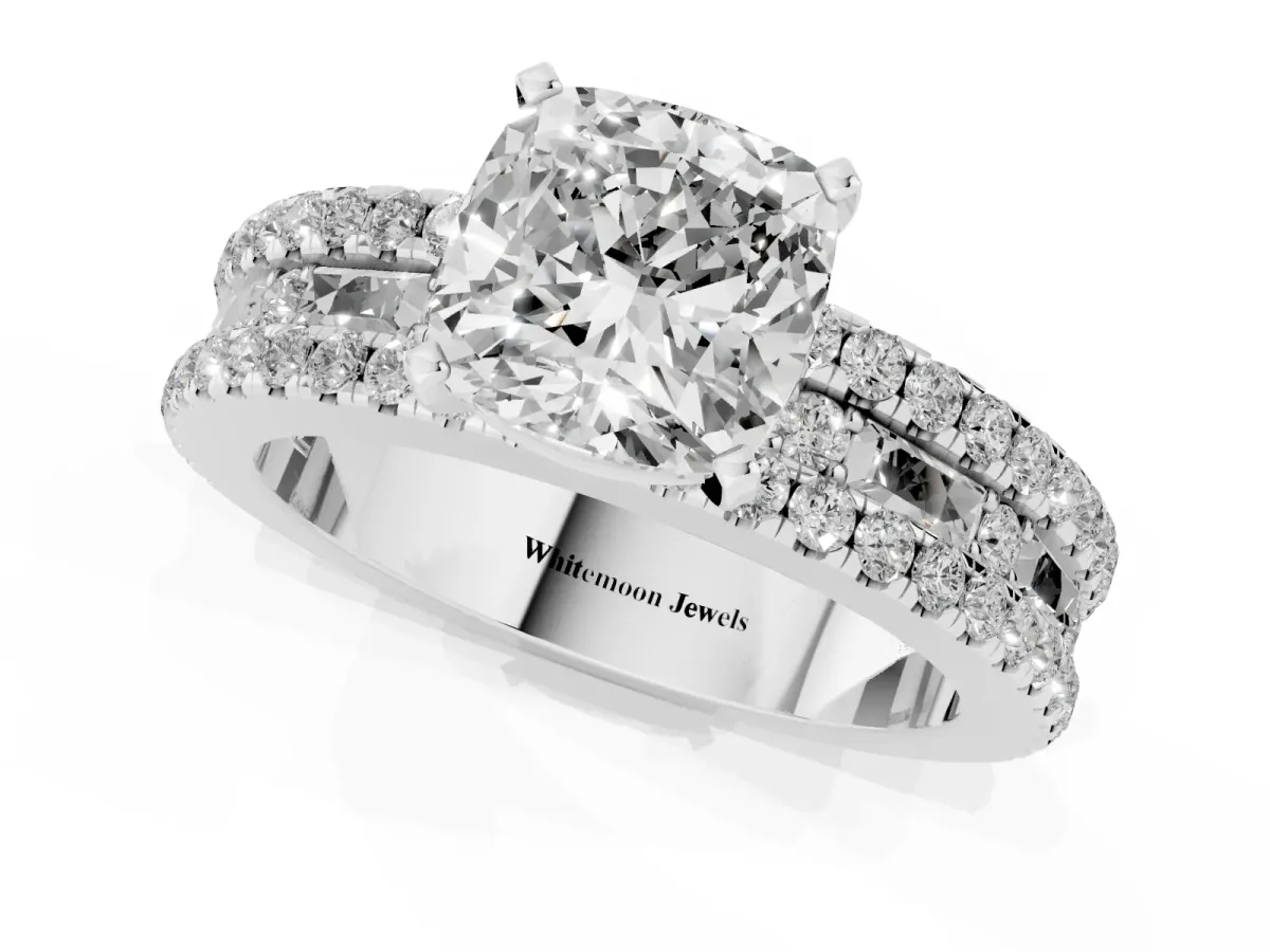 Cushion Cut Diamond Solitaire Ring with Pavé and Channel Set Band Silver