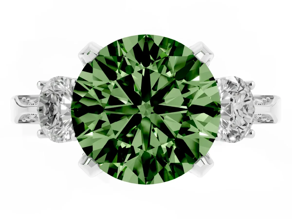 Fancy Green Round Cut Brilliant Three-Stone Diamond Ring with Pavé Band and Four-Prong Setting White gold