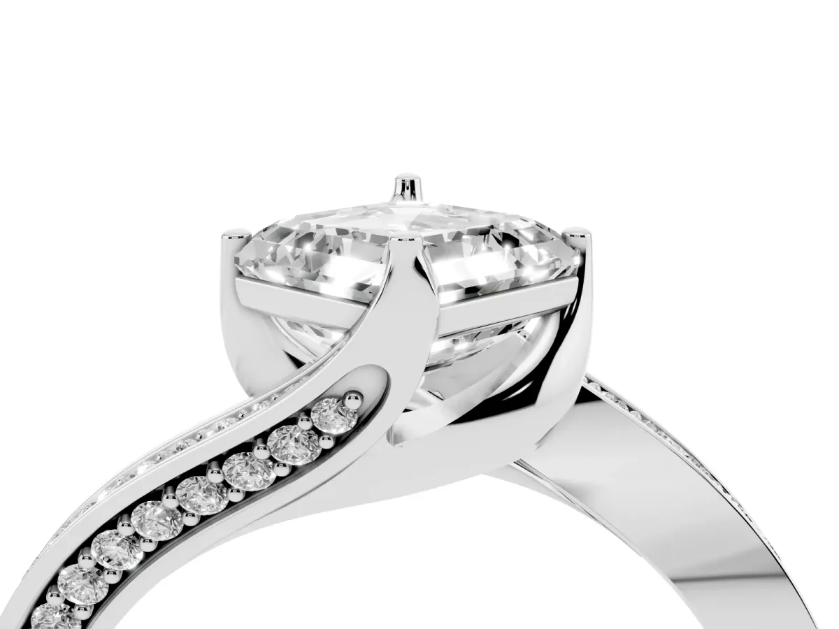 Asscher Cut Solitaire Diamond Twist Band with Pavé Setting and Four-Prong Setting Silver