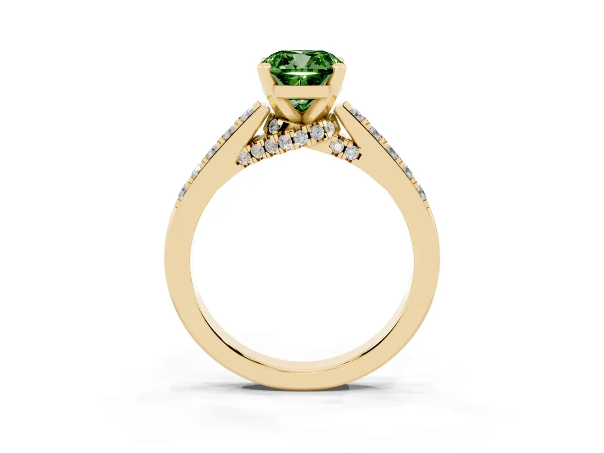 Fancy Green Cushion Cut Diamond Solitaire Ring with Crossover Gallery and Round Pavé Band Yellow gold