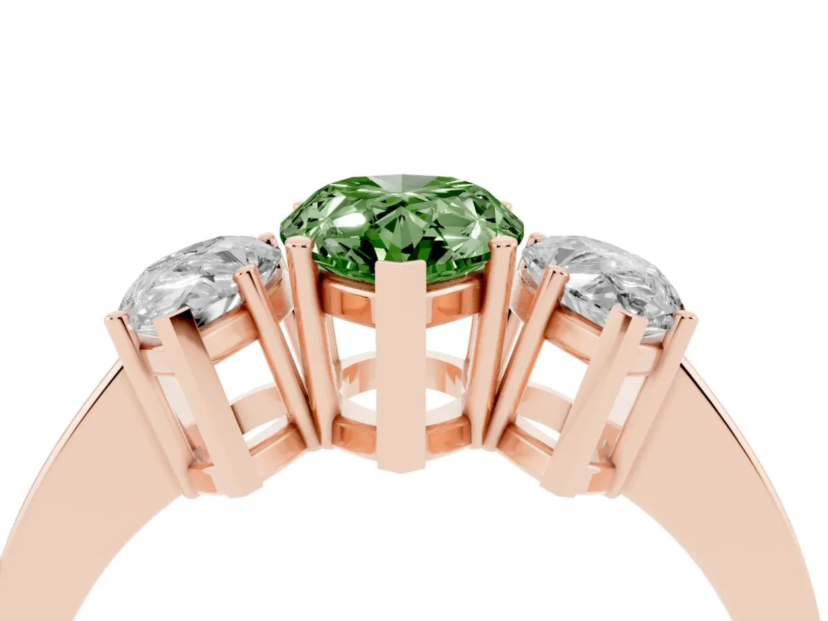 Fancy Green Three-Stone Pear Cut Cut Diamond Engagement Ring with Flat Band and Four-Prong Setting Rose gold