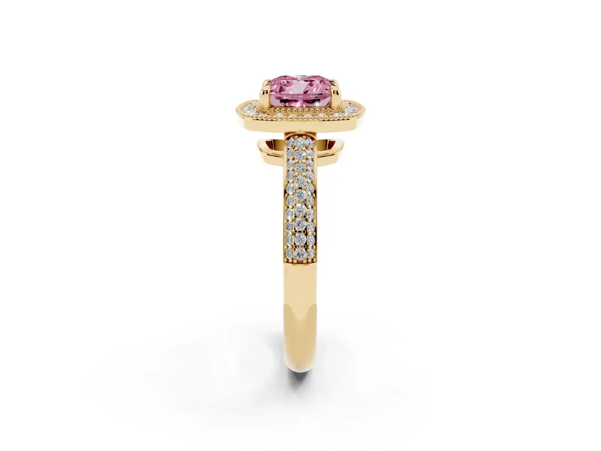 Fancy Pink Cushion Cut Cut Halo Diamond Pave Band with Four-Prong Setting Yellow gold
