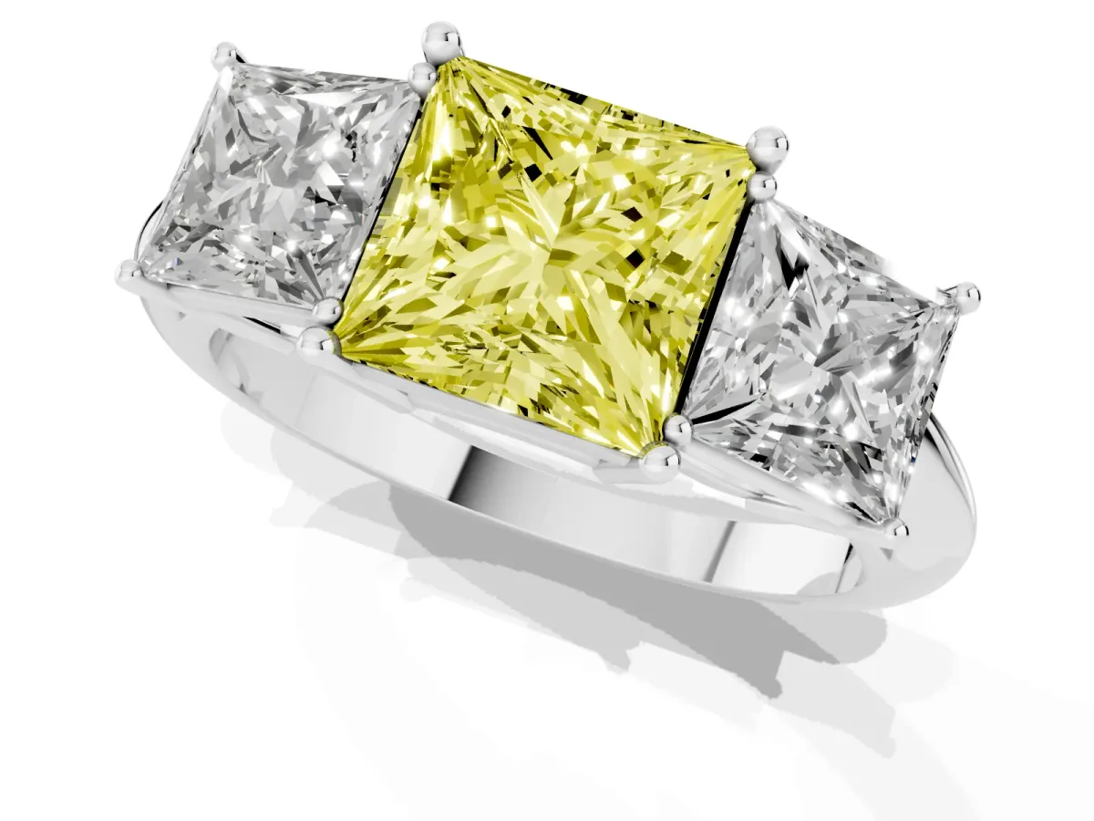 Fancy Yellow Three-Stone Princess Cut Cut Diamond Engagement Ring with Prong Setting on a White Gold Band White gold