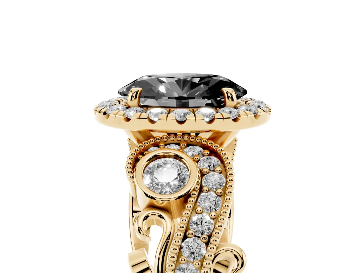 Fancy Black Oval Cut Halo Diamond Ring with Milgrain and Bezel Accents on a Split Shank Band Yellow gold