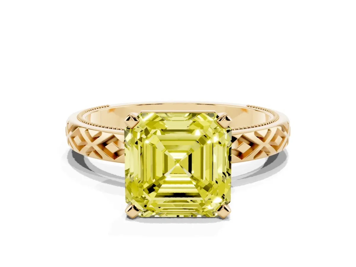 Fancy Yellow Asscher Cut Solitaire Diamond Ring with Milgrain and Black Enamel X Pattern Band Yellow gold